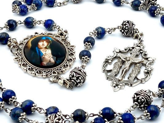 Our Lady of Sorrows unique rosary beads with lapis lazuli and silver beads, two Marys crucifix and large picture centre medal.