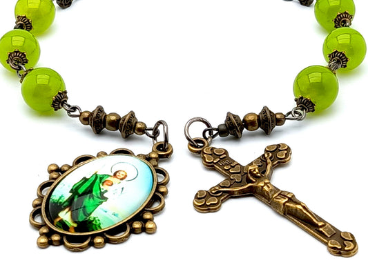Saint Jude unique rosary beads prayer chaplet with peridot gemstone beads, bronze crucifix and picture end medal.