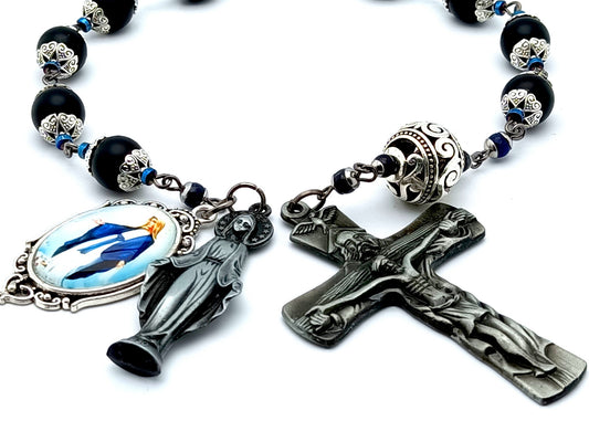 Our Lady of Grace unique rosary beads single decade rosary with onyx gemstone beads, large Holy Trinity crucifix, picutre end medal and pewter statue medal.