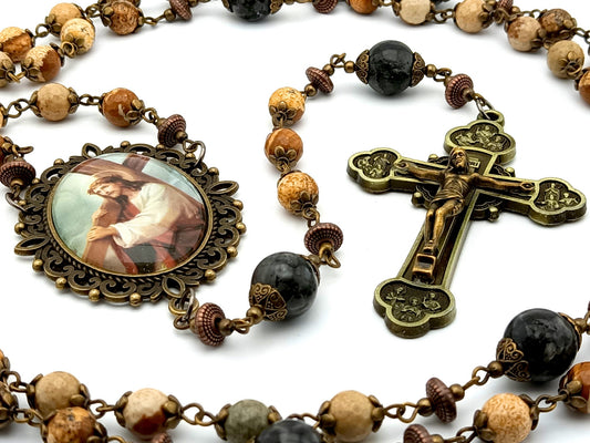Way of the Cross unique rosary beads with natural gemstone beads, large twelve apostles crucifix and large picture centre medal.