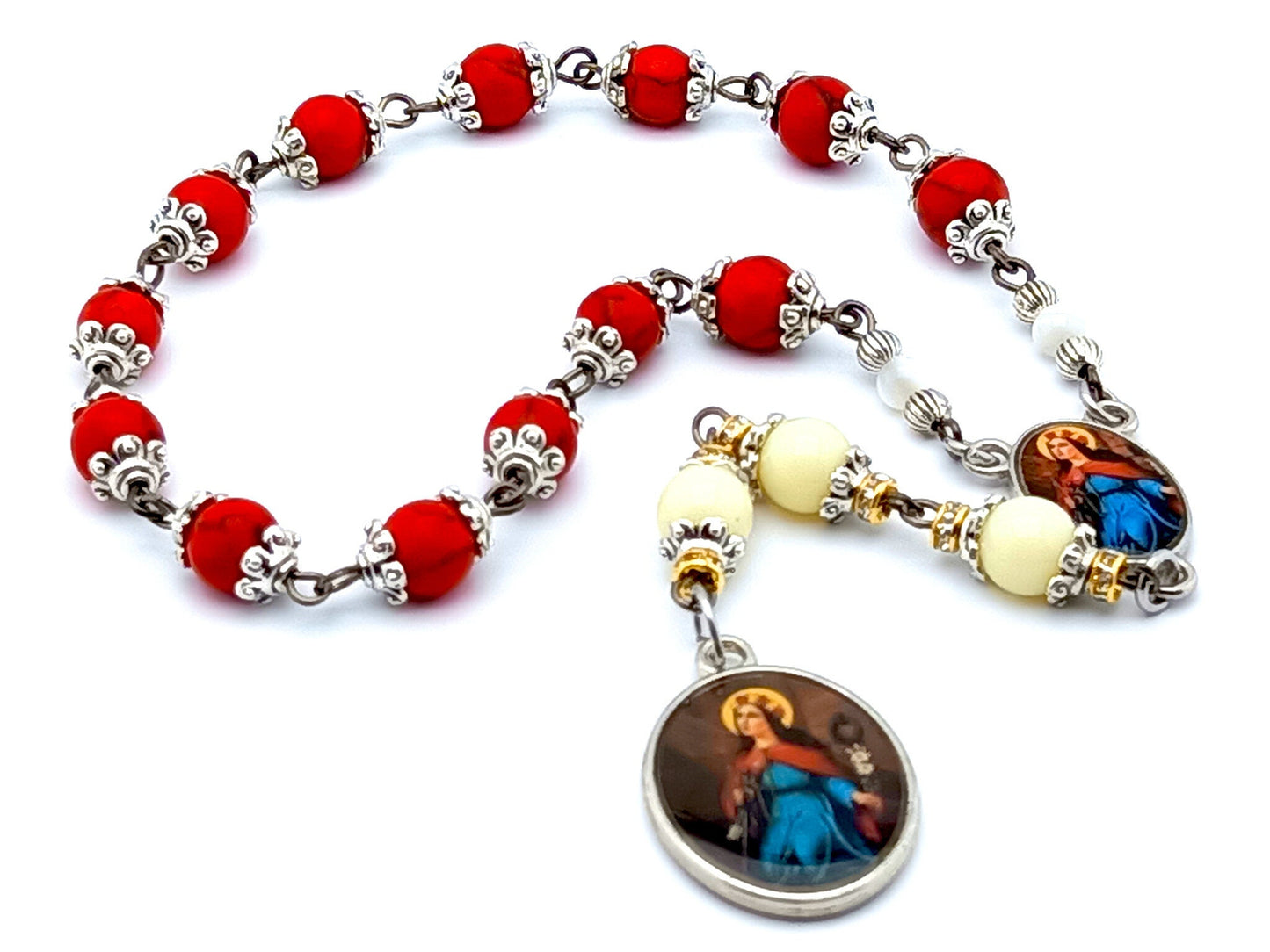 Saint Philomena unique rosary beads prayer chaplet with red and white howlite gemstone beads, silver picture medals.