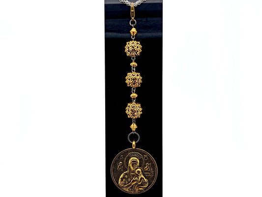 Our Lady of Succor unique rosary beads three Hail Marys purse clip with golden beads, medal and clip.
