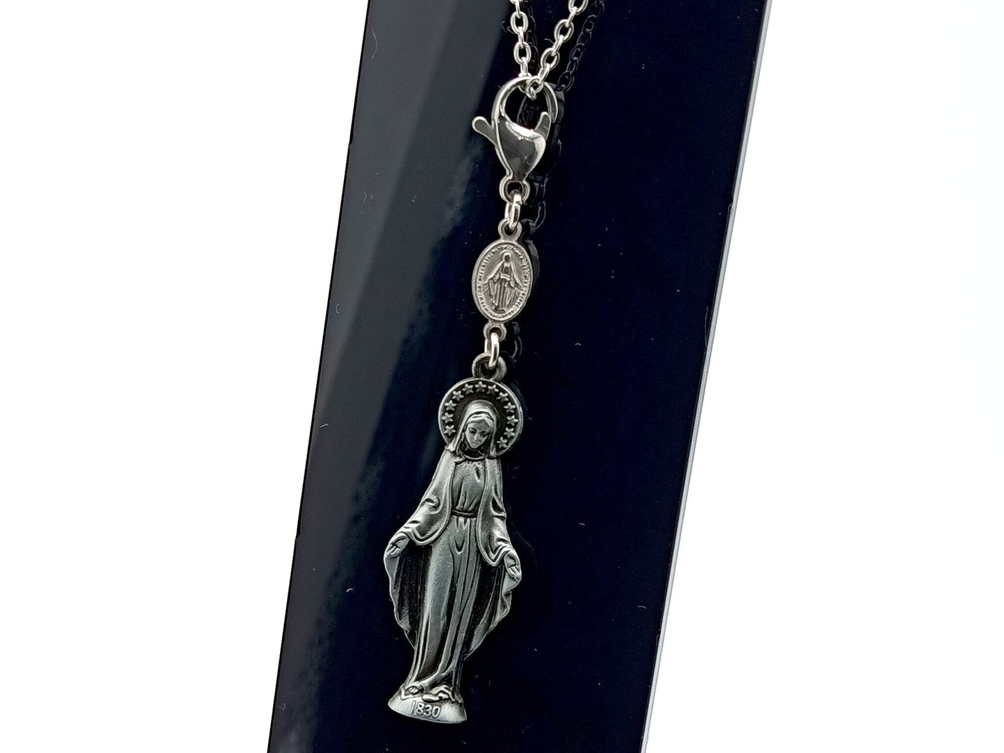 Our Lady of Grace unique rosary beads purse clip with statue medal, miraculous medal and clip.