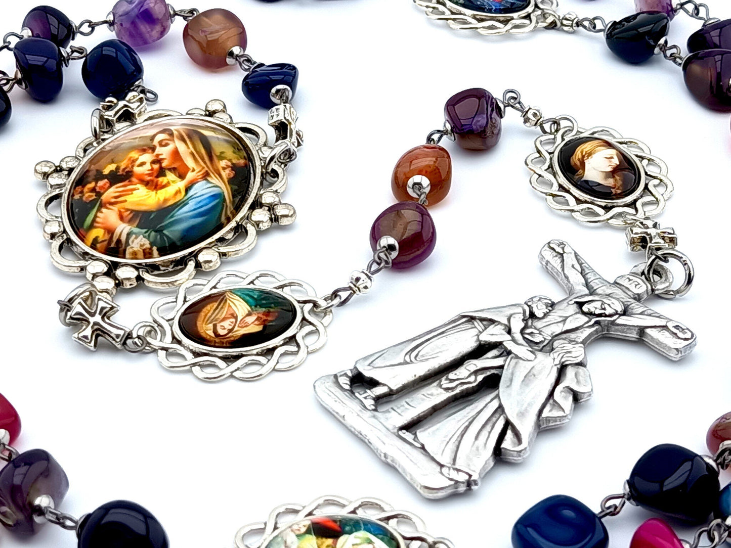 Virgin Mary unique rosary beads with multi coloured agate gemstone beads, silver two Marys crucifix picture pater beads and picture centre medal.