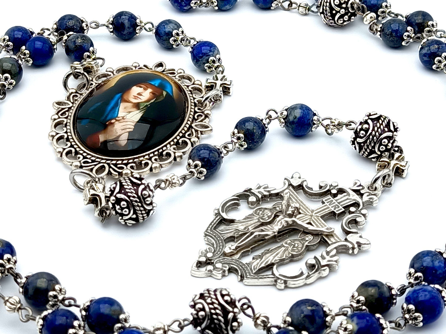 Our Lady of Sorrows unique rosary beads with lapis lazuli and silver beads, two Marys crucifix and large picture centre medal.