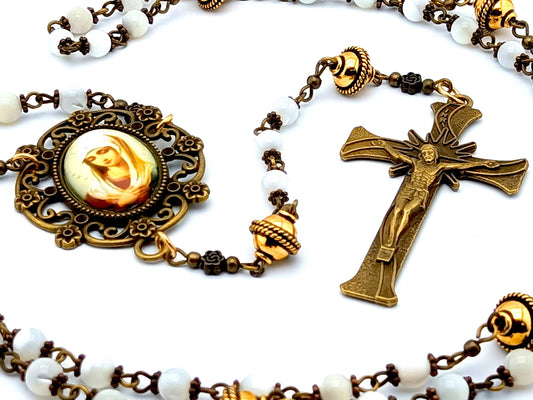 Our Lady of Twelve Stars unique rosary beads with mother of pearl and golden beads, bronze crucifix and picture centre medal.