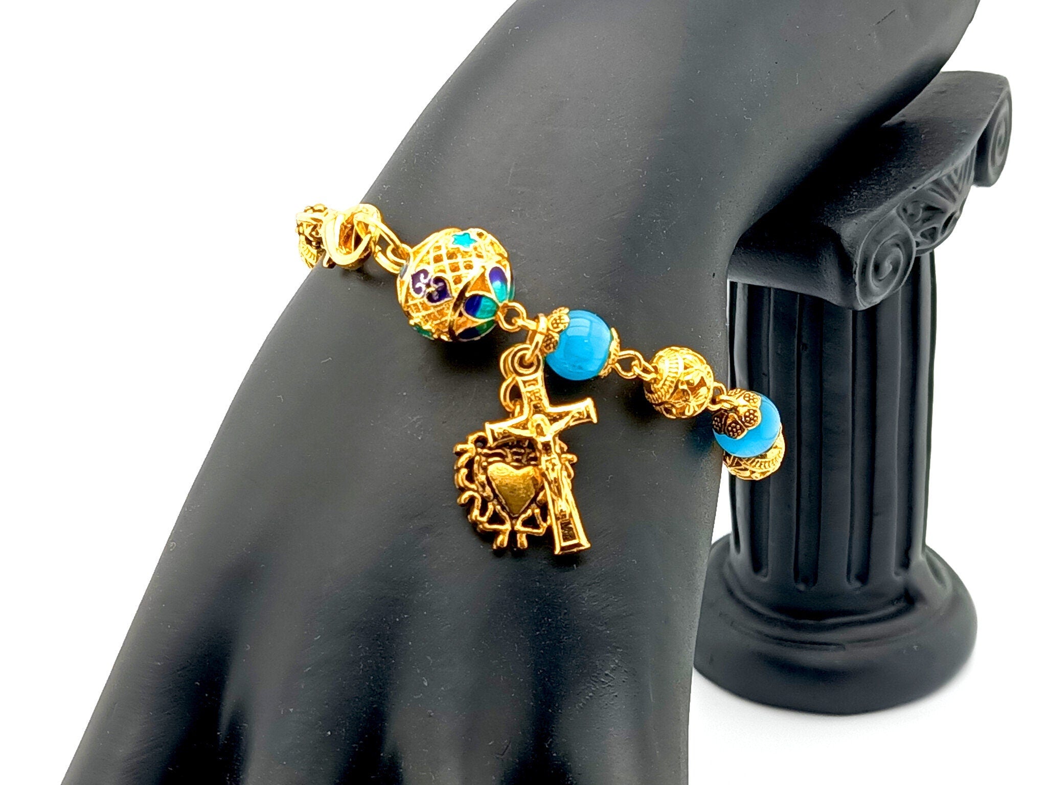 Gold and Blue unique rosary beads single decade rosary bracelet with blue glass and golden beads, golden crucifix and Sacred Heart medal.