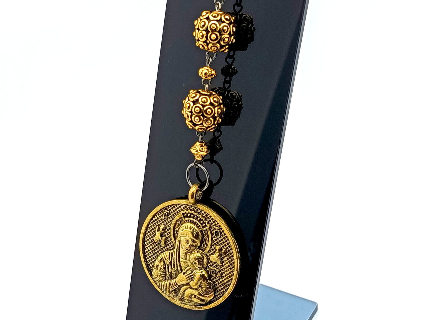 Our Lady of Succor unique rosary beads three Hail Marys purse clip with golden beads, medal and clip.