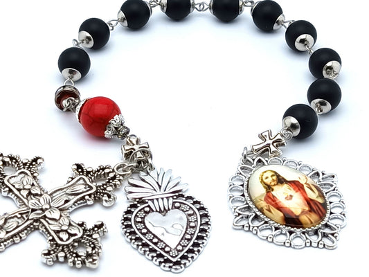 Sacred Heart of Jesus unique rosary beads single decade rosary with matt black onyx gemstone beads, silver cross and Sacred Heart medals.