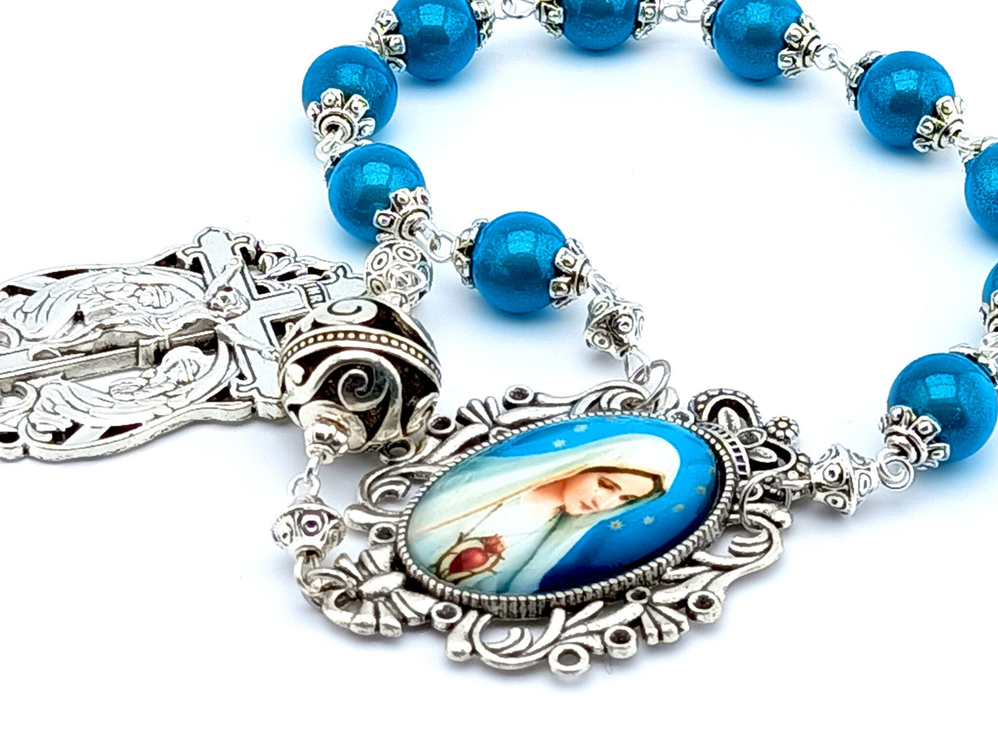 Immaculate Heart of Mary unique rosary beads single decade rosary beads with blue and silver beads, filigree crucifix and picture centre medal.