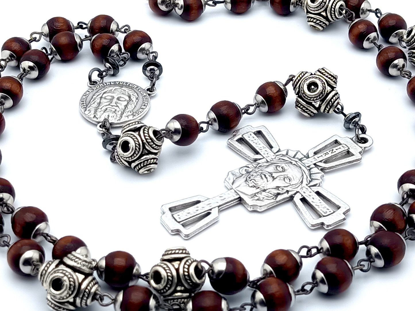 Holy Face of Jesus unique rosary beads with dark wood and silver beads, Crown of Thorns crucifix and Holy face centre medal.