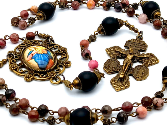 Our Lady help of Christians unique rosary beads with rhodonite and matt onyx gemstone beads, brass pardon crucifix and picture centre medal.