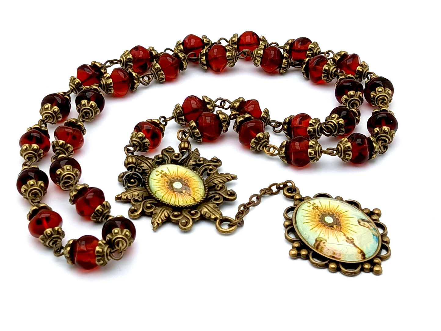 Blessed Sacrament unique rosary beads prayer chaplet with red nugget glass beads, bronze picture centre and end medals.
