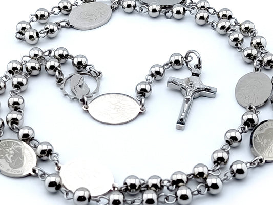 Our Lady of Sorrows unique rosary beads with stainless steel beads, wire , laser cut centre medal, crucifix and medals.