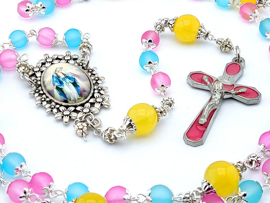 Immaculate Conception unique rosary beads with mixed colour glass beads, pink enamel crucifix and silver picture centre medal and accessories.