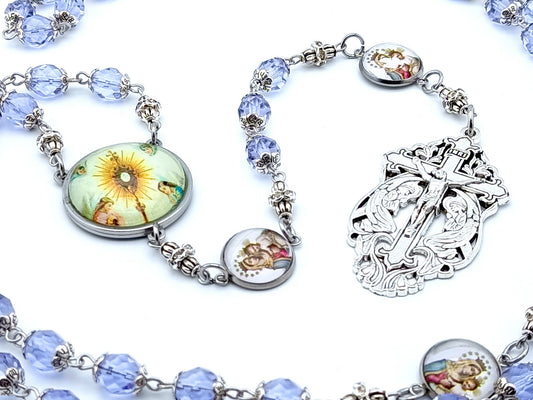Our Lady of Mount Carmel unique rosary beads with lilac glass faceted beads, stainless steel picture centre medal and crucifix.