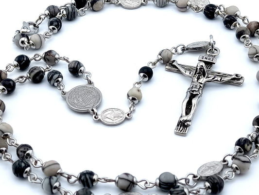 Saint Benedict unique rosary beads with black and grey jasper gemstone beads, stainless steel miraculous medals and centre medal and silver crucifix.