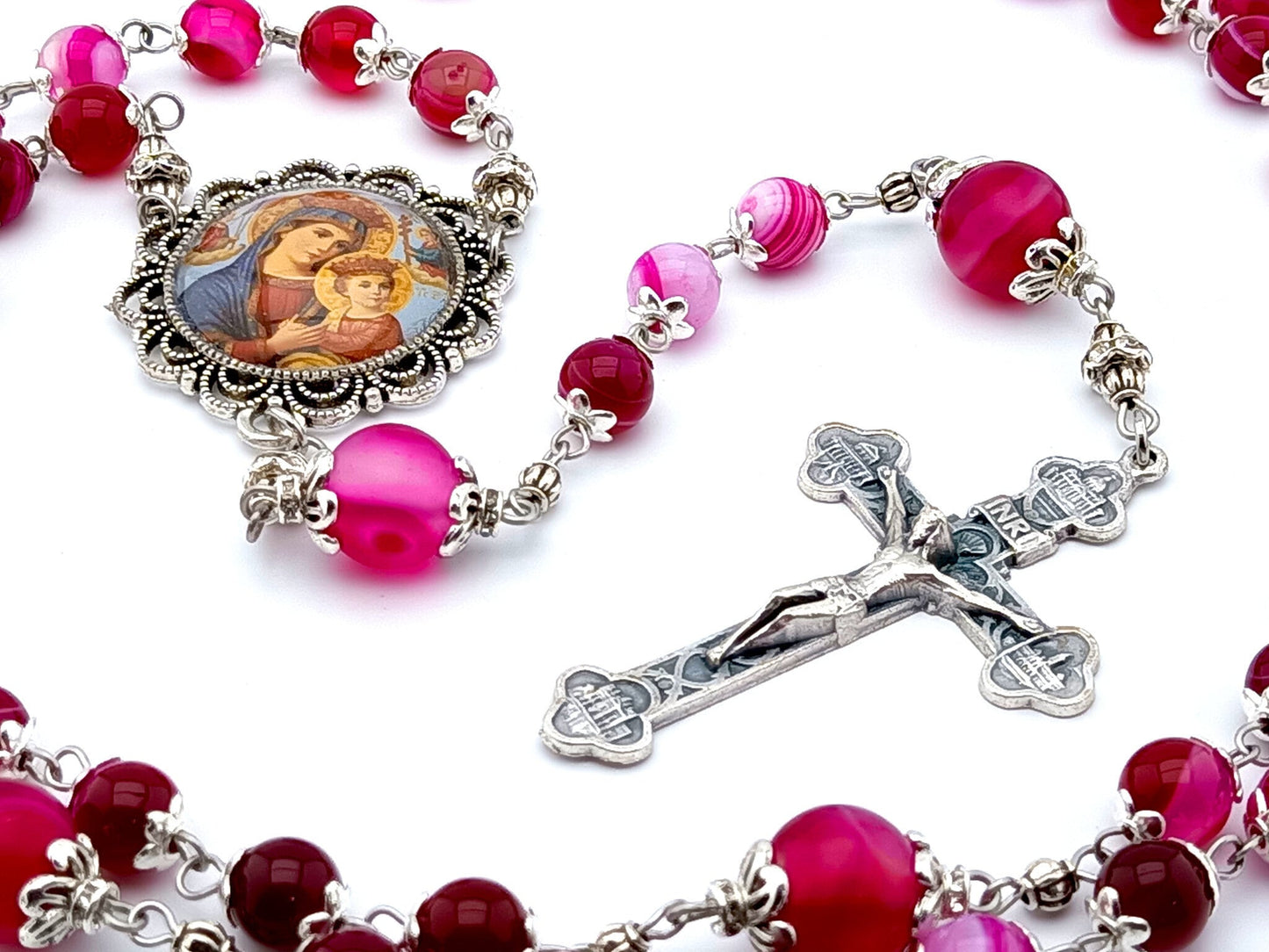 Our Lady of Perpetual Succour unique rosary beads with pink agate gemstone beads, silver crucifix, picture centre medal and accessories.