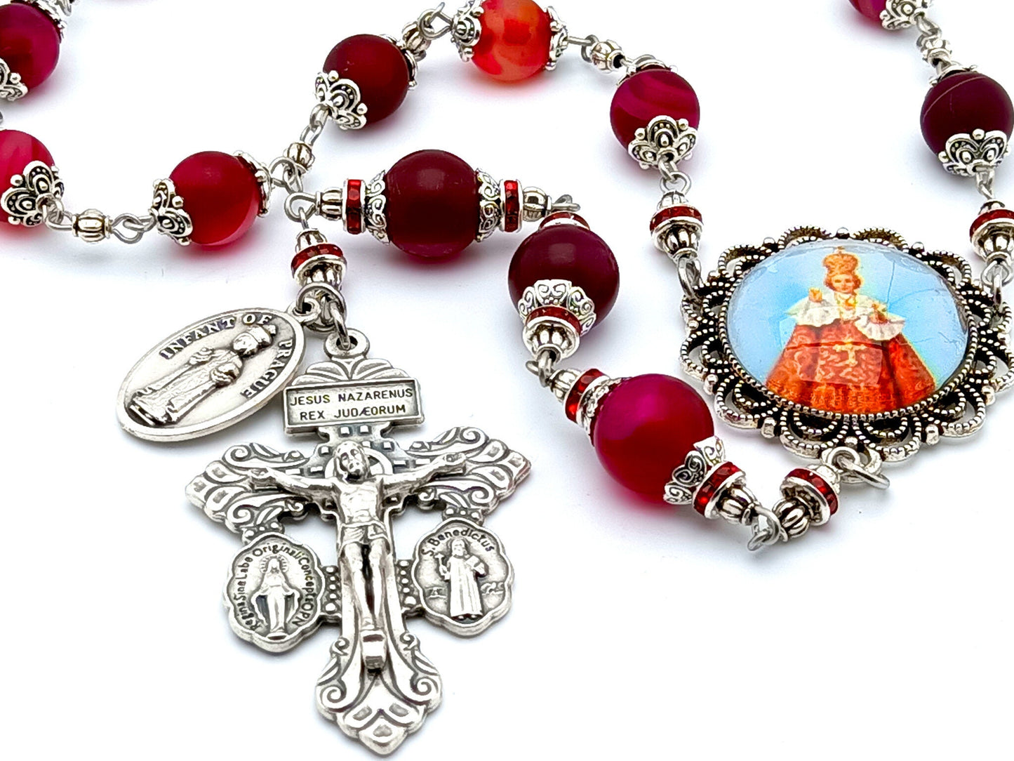 Infant of Prague unique rosary beads prayer chaplet with red agate gemstone beads, silver pardon crucifix and centre picture medal.