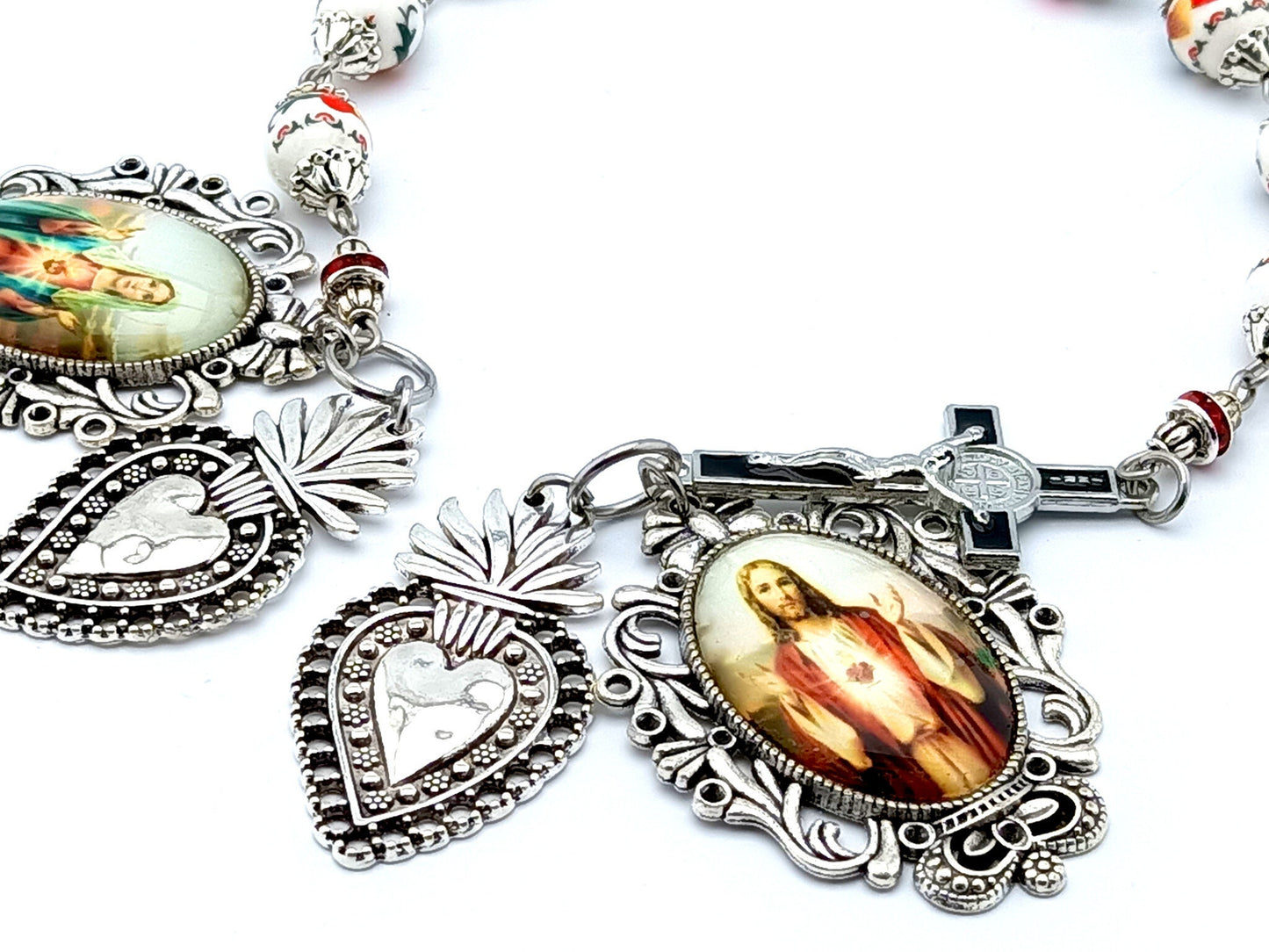 Sacred Heart of Jesus and Immaculate Heart of Mary unique rosary beads prayer chaplet with porcleain beads, silver heart medals and large picture medal.