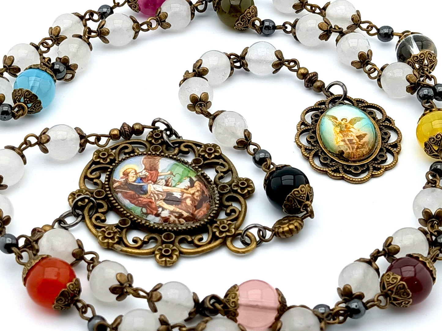 Saint Michael unique rosary beads prayer chaplet with opal and coloured gemstone beads, bronze large picture centre medal and end medal.