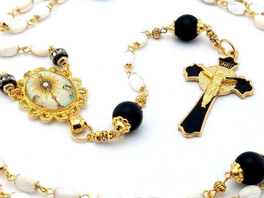 Holy Eucharist unique rosary beads with mother of pearl and matt black onyx beads, black and gold enamel crucifix and golden picture centre medal.