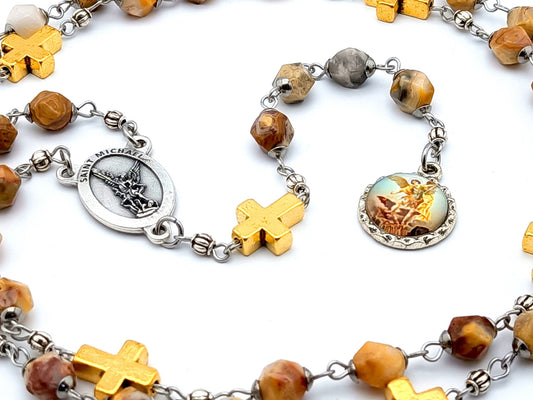 Saint Michael unique rosary beads prayer chaplet with natural faceted gemstone and golden cross beads, silver picture end medal and centre medal.