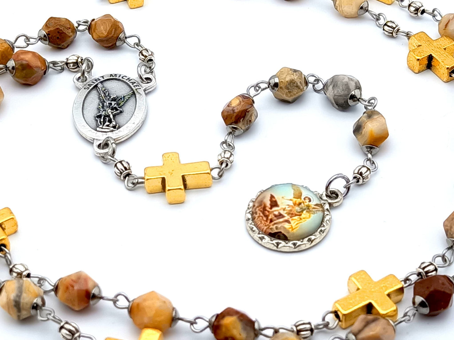 Saint Michael unique rosary beads prayer chaplet with natural faceted gemstone and golden cross beads, silver picture end medal and centre medal.