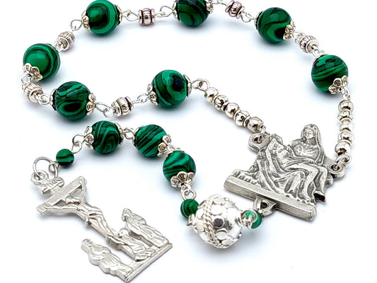 Our Lady of Sorrows unique rosary beads servite rosary with malachite gemstone beads, silver crucifix and La Pieta centre medal.