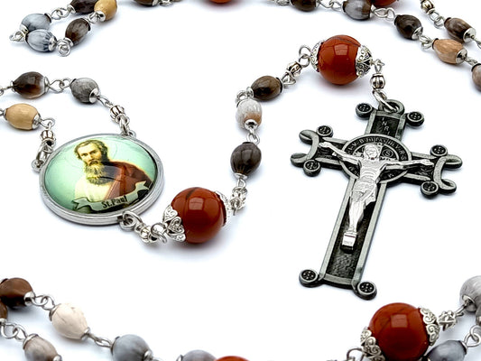 Saint Paul the Apostle unique rosary beads with jobs tears and red gemstone beads, black Saint Benedict crucifix and stainless steel picture centre medal.