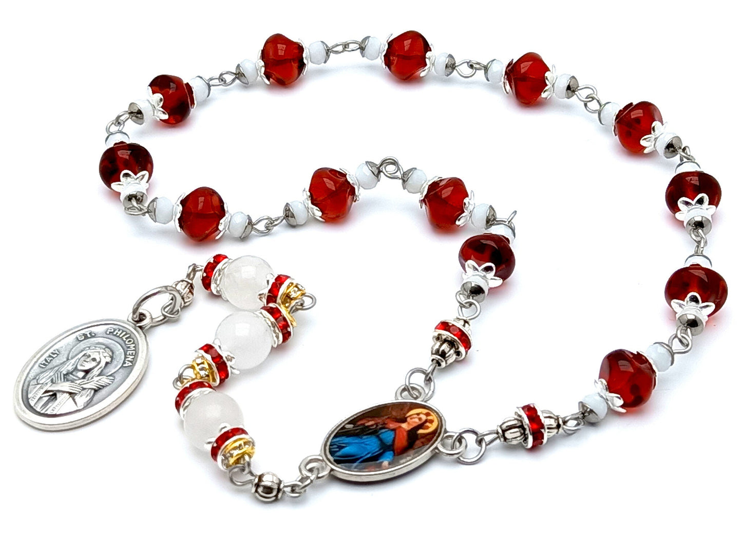 Saint Philomena unique rosary beads prayer chaplet with red and white howlite glass beads, silver picture medals.