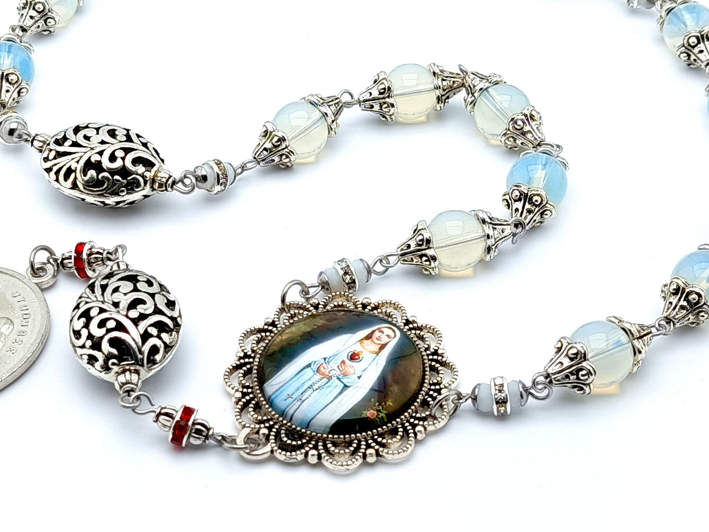 Saint Anne unique rosary beads prayer chaplet with opal gemstone and silver beads, silver end medal and picture centre medal.