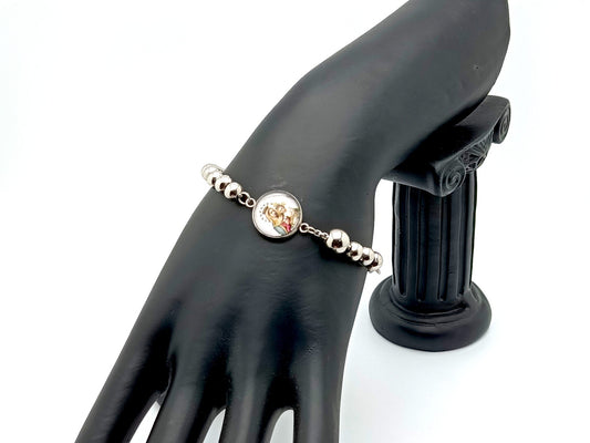 Our Lady of Mount Carmel unique rosary beads single decade rosary bracelet with stainless steel beads, picture medal and adjustable chain..