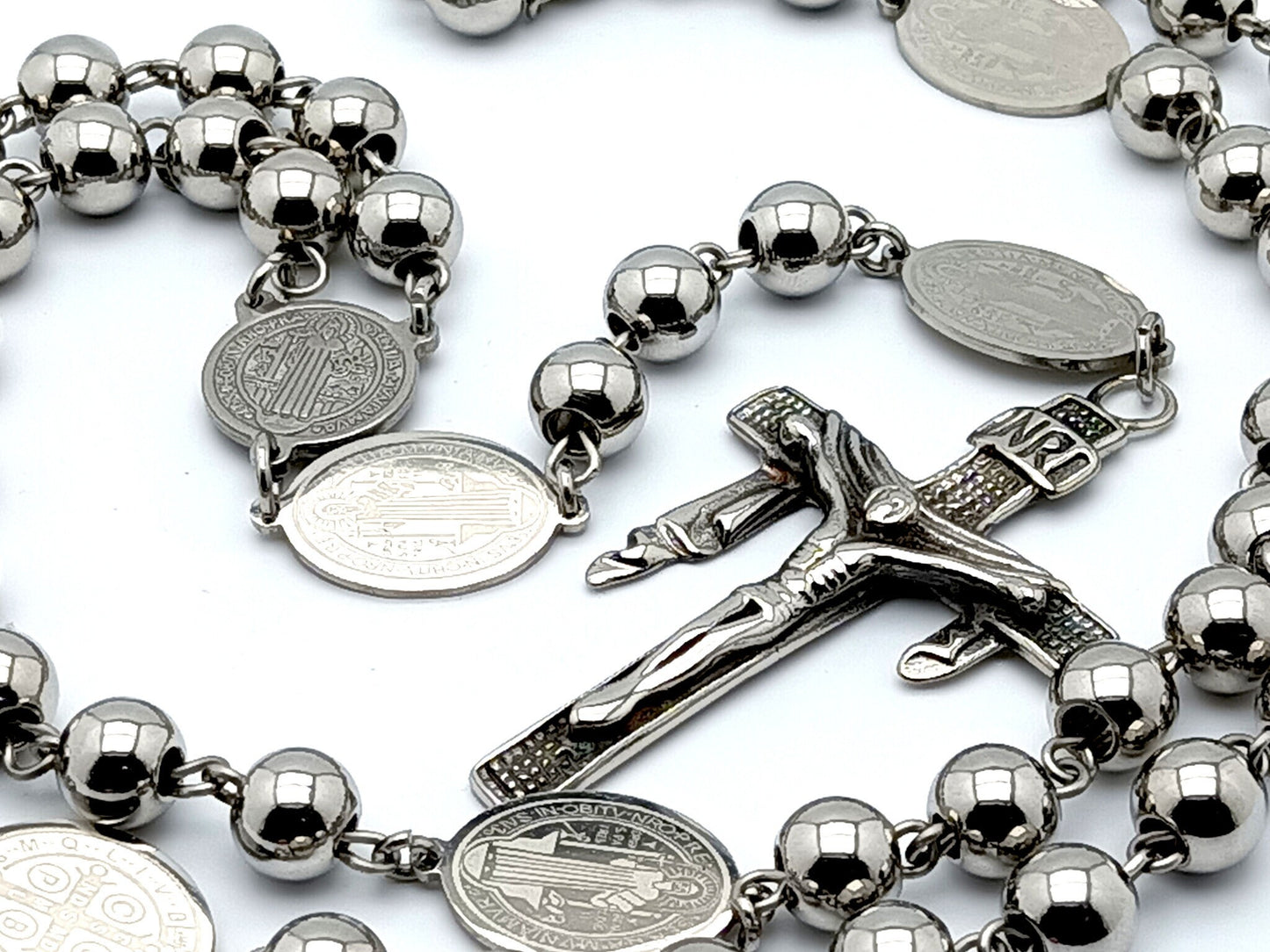 Saint Benedict unique rosary beads with stainless steel beads and etched medals, stainless steel crucifix and centre medal.