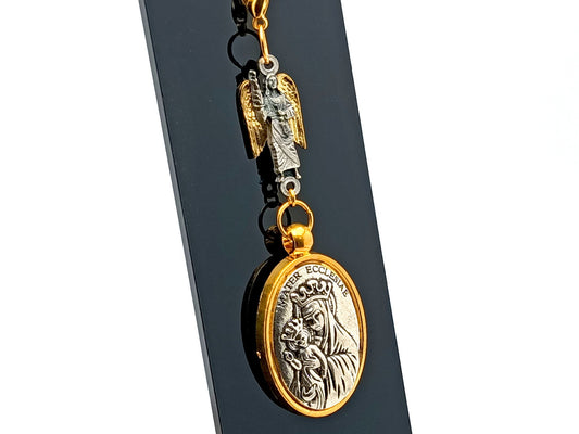 Mater Ecclesiae Mother of the Church unique rosary beads key fob with gold and silver linking Saint Michael medal and clasp.
