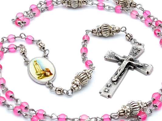 Our Lady of Fatima unique rosary beads miniature rosary with small pink glass and silver beads, silver crucifix and picture centre medal.