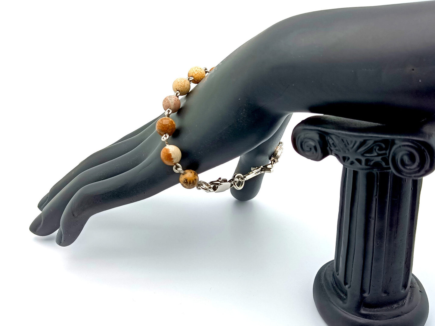 Miraculous medal unique rosary beads single decade rosary bracelet with natural agate gemstone beads, stainless steel crucifix, clasp and medal.