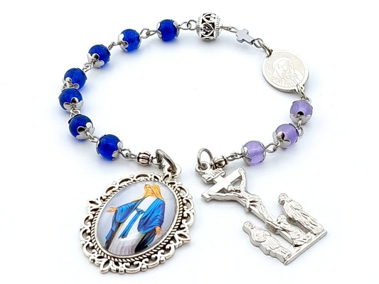 Our Lady of Sorrows unique rosary beads servite dolor rosary with sapphire gemstone beads, stainless steel etched medal and silver crucifix and picture centre medal.