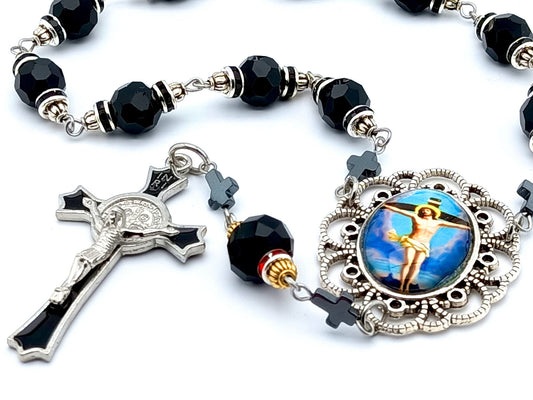 The Crucifixion unique rosary beads single decade rosary with black faceted glass beads, black enamel crucifix and silver picture centre medal.