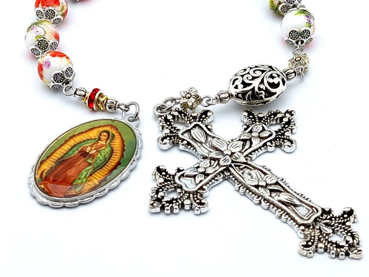 Our Lady of Guadalupe unique rosary beads single decade rosary with floral porcelain and silver beads, silver floral crucifix and picture centre medal.