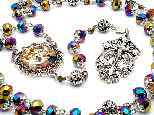 Our Lady Helper of Christians unique rosary beads with multi coloured faceted glass and silver beads, silver Holy Angels crucifix and picture centre medal.
