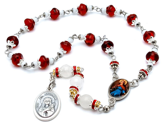 Saint Philomena unique rosary beads prayer chaplet with red and white howlite glass beads, silver picture medals.