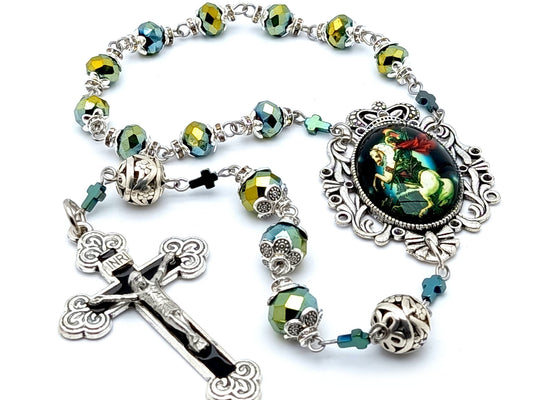 Saint George unique rosary beads single decade rosary with muli coloured faceted glass beads, black enamel crucifix and picture centre medal.