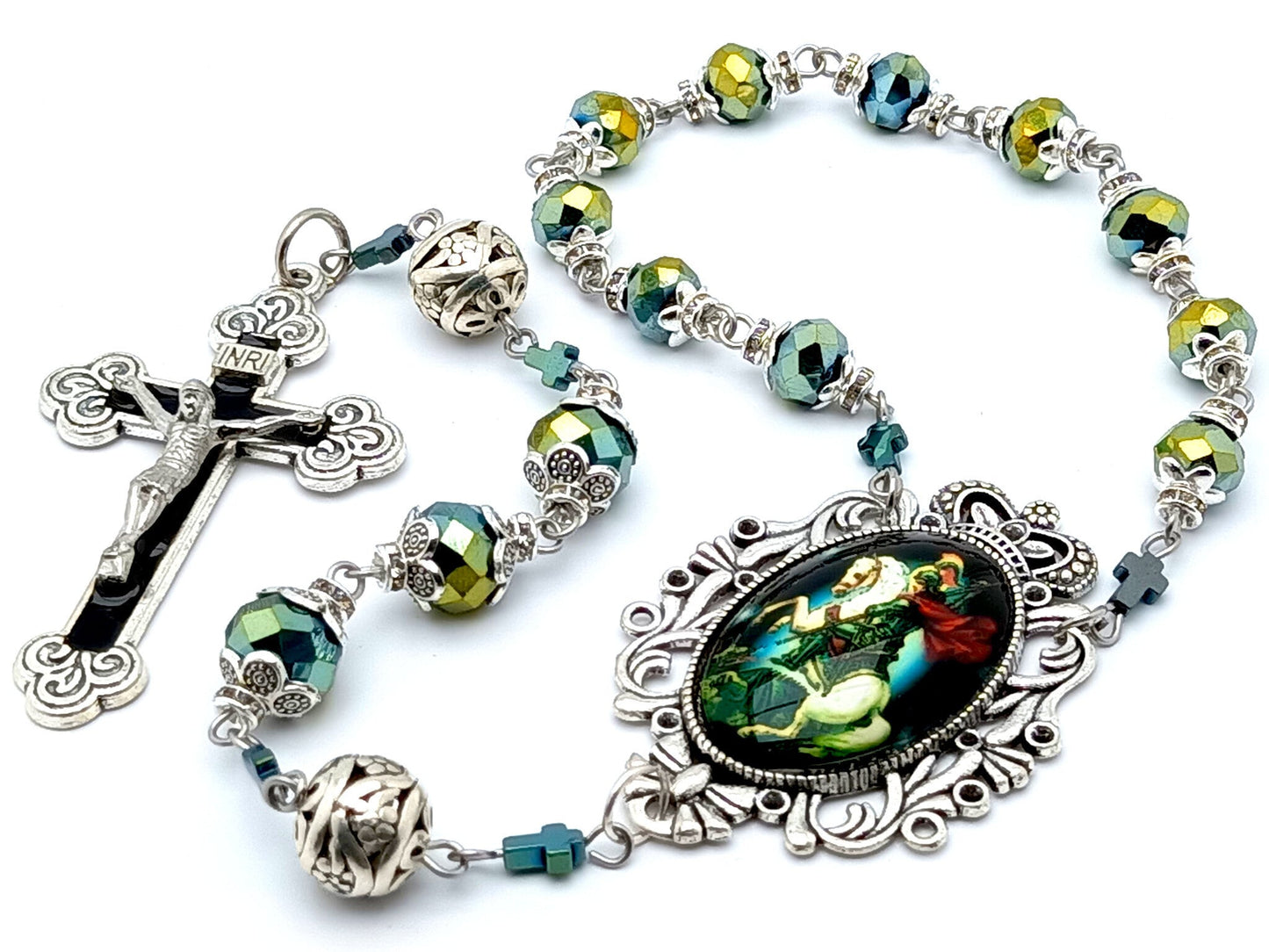 Saint George unique rosary beads single decade rosary with muli coloured faceted glass beads, black enamel crucifix and picture centre medal.