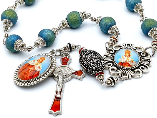 Infant of Prague unique rosary beads single decade rosary with blue green crystal beads, red enamel crucifix and picture centre medal.