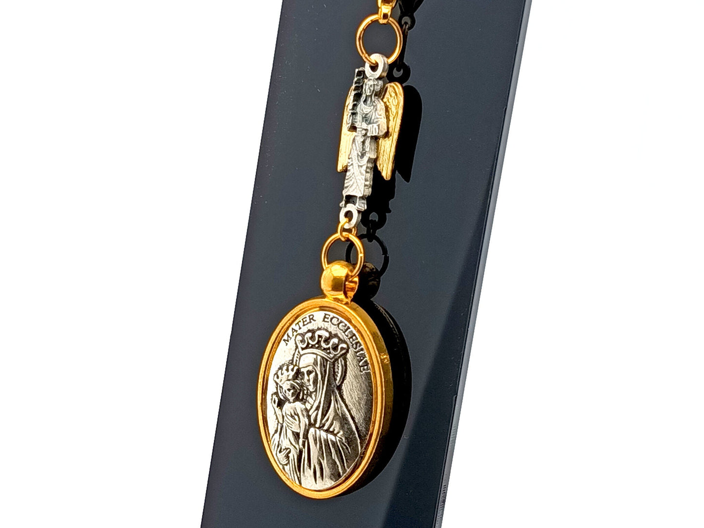 Mater Ecclesiae Mother of the Church unique rosary beads key fob with gold and silver linking Saint Michael medal and clasp.