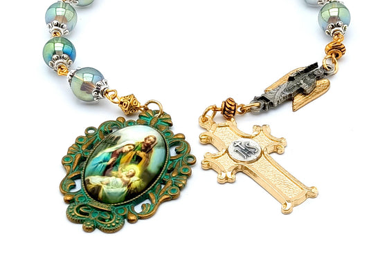 Holy Family unique rosary beads single decade rosary with green glass beads, gold plated cross and verdigris picture centre medal.