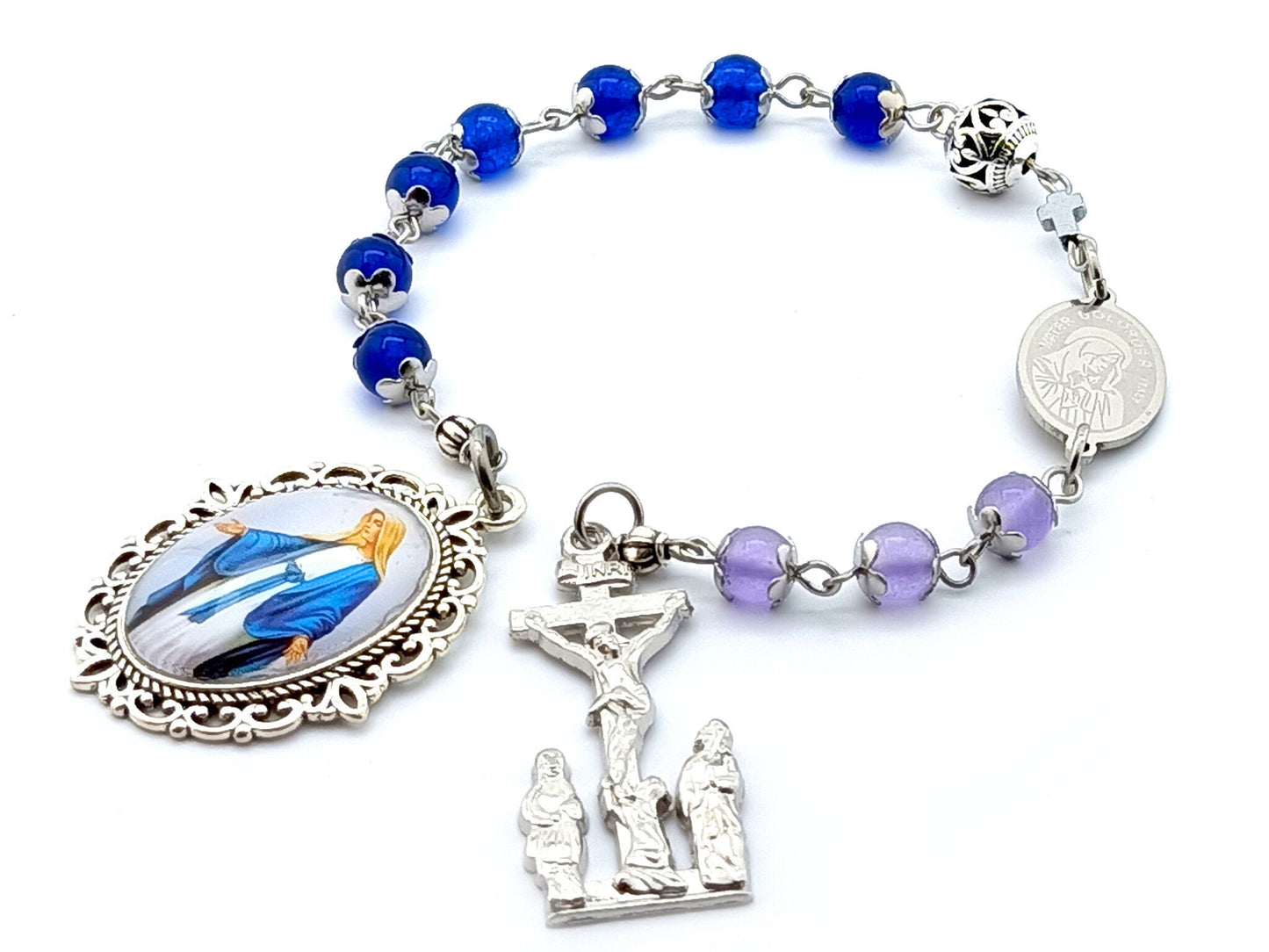 Our Lady of Sorrows unique rosary beads servite dolor rosary with sapphire gemstone beads, stainless steel etched medal and silver crucifix and picture centre medal.