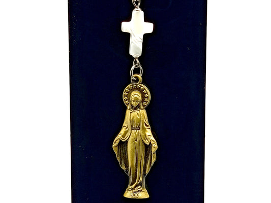 Our Lady of Grace unique rosary beads key fob purse clip with mother of pearl cross and lobster clasp.