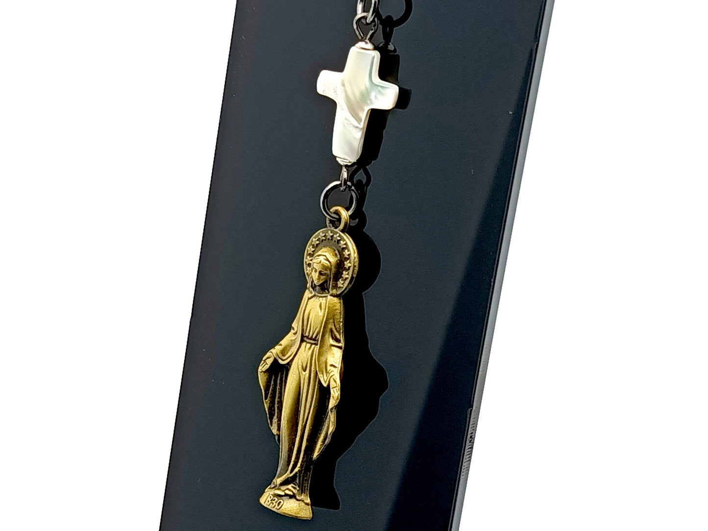 Our Lady of Grace unique rosary beads key fob purse clip with mother of pearl cross and lobster clasp.